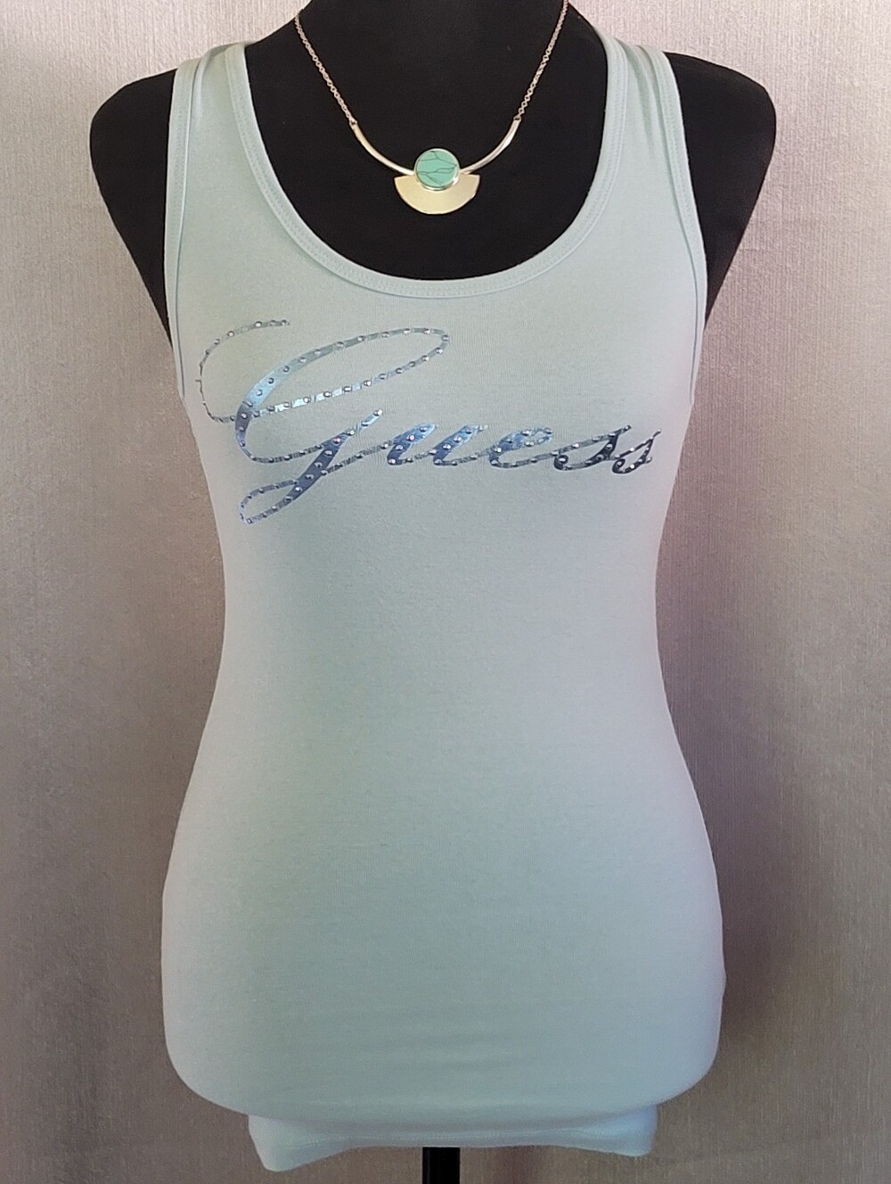 Guess Light Mint Sequin Logo Scoop Neck Tank
